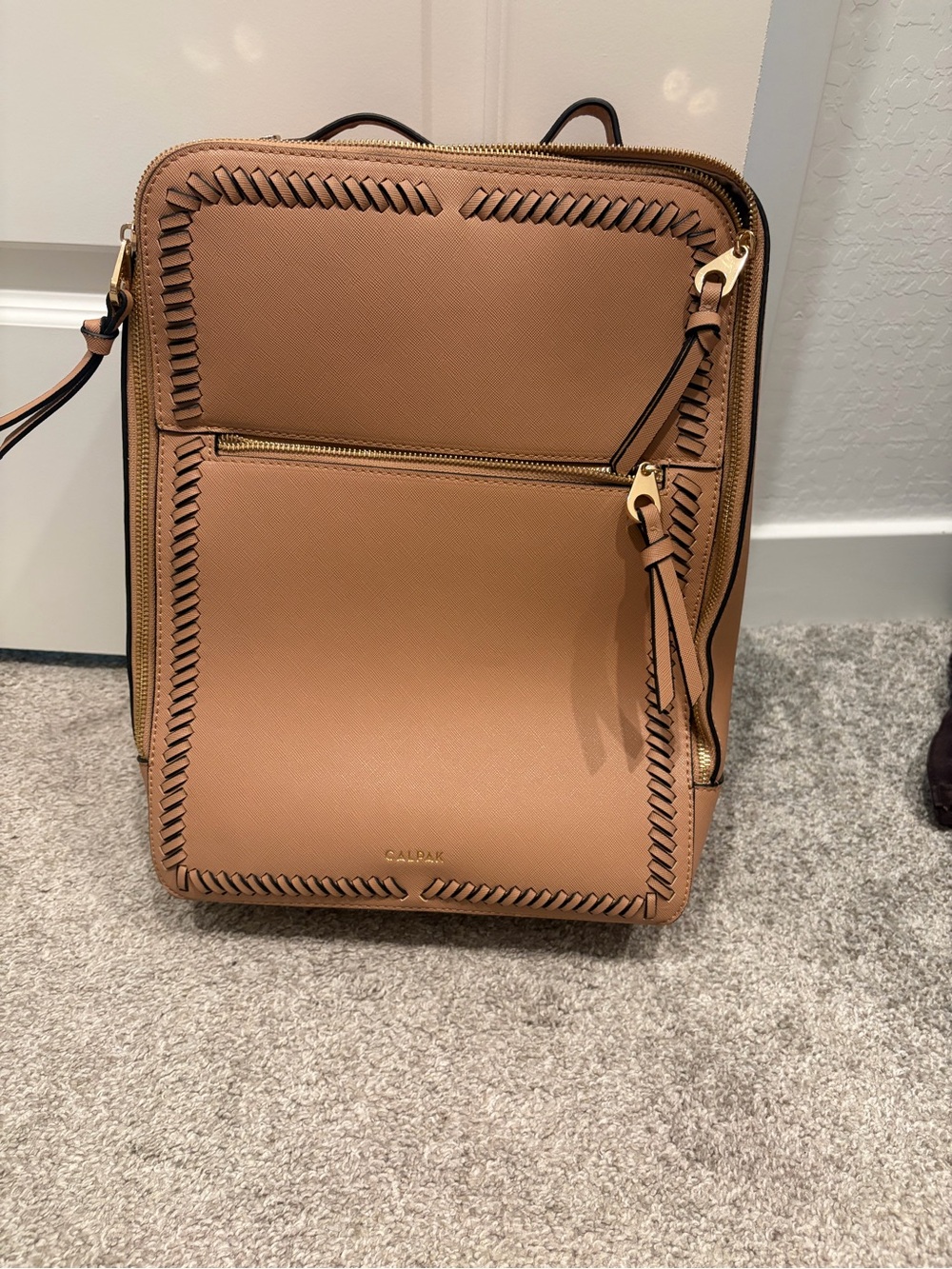 Calpak Tan Saffiano Leather Backpack with Whipstitch Trim and Gold Hardware